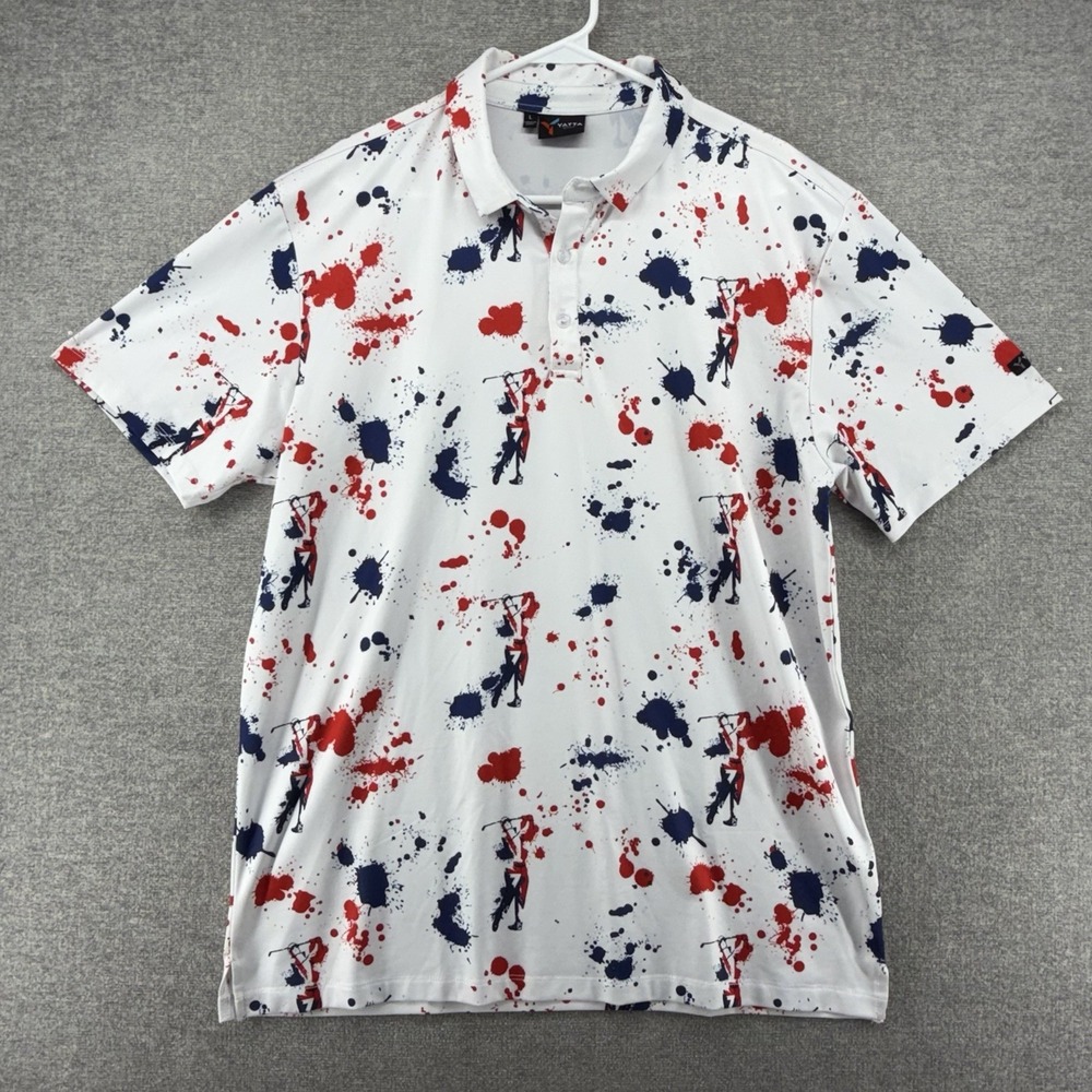 Yatta Golf Polo Shirt Men Size Large White Splatter Paint Print Short Sleeve
